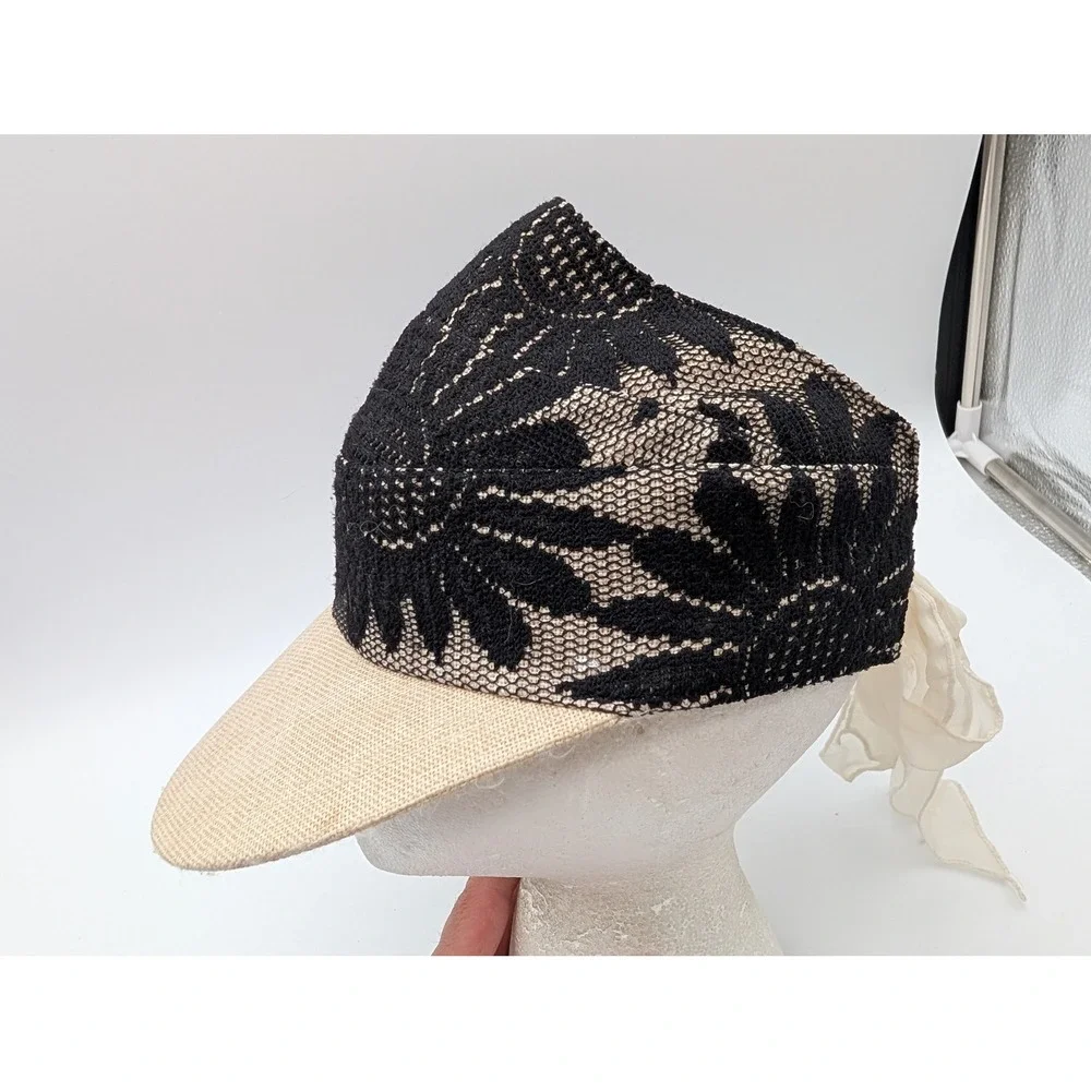 Black Floral Lace Sun Visor Hat Woven Straw Brim White Ribbon Tie Back